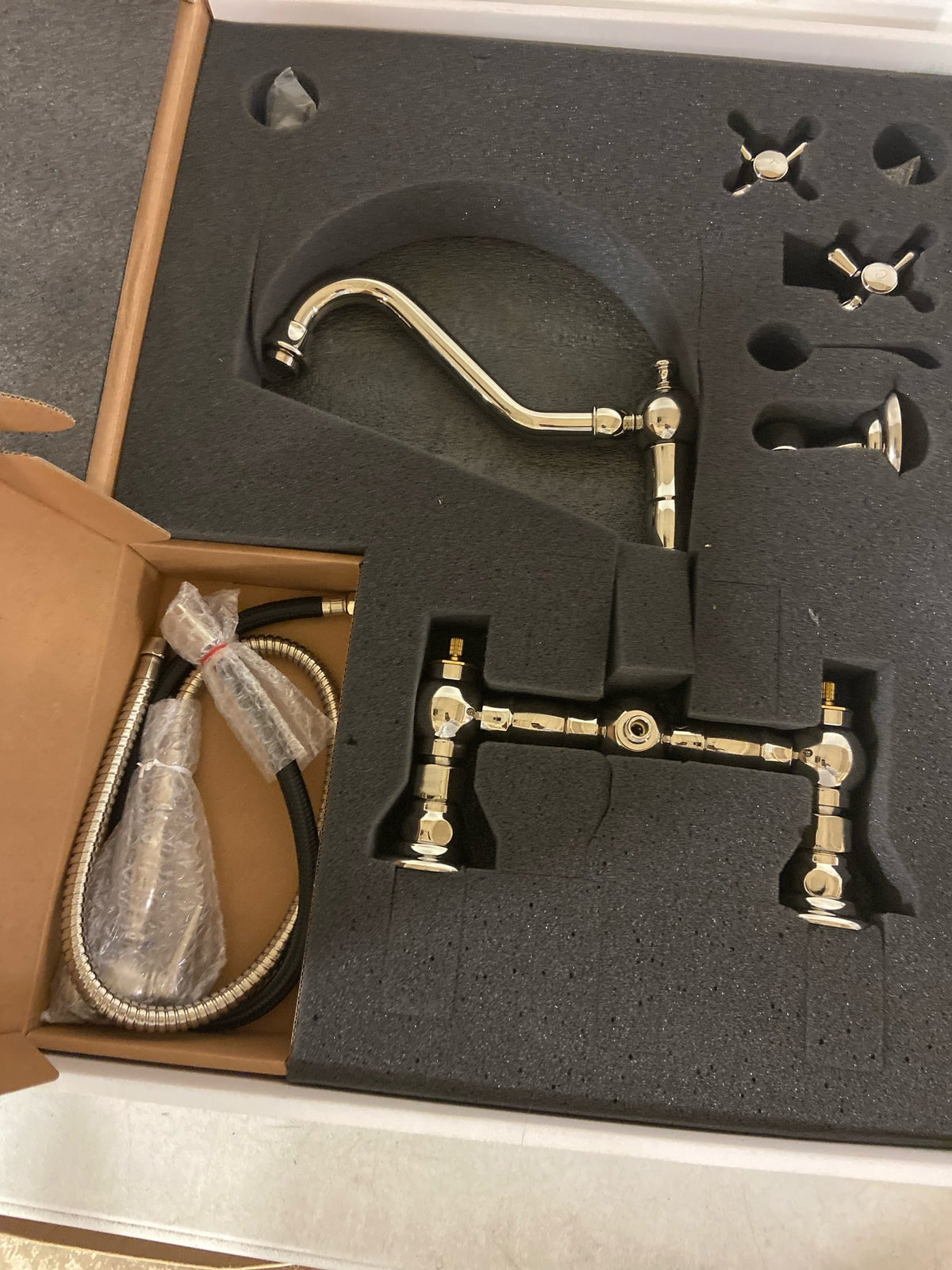 Vintage III Plus Wall Mount Faucet with a Long Traditional Swivel Spout, Cross Handles and Solid Brass Side Spray Polished Nickel Finish WHKWCR3-9402-NT-PN