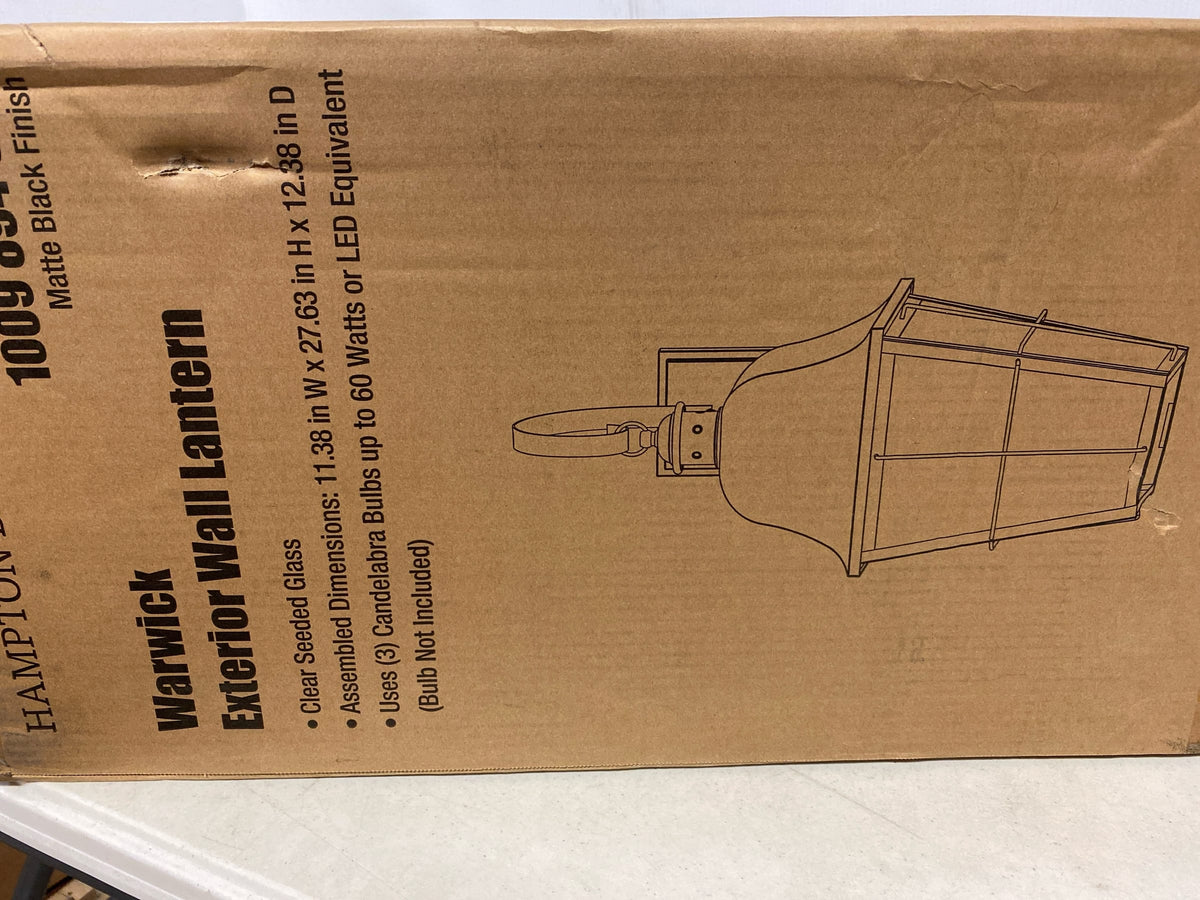 Hampton bay LDN1603AX-01/MB Warwick 28 in. Matte Black Finish Hardwired Outdoor Wall Lantern Seeded Glass