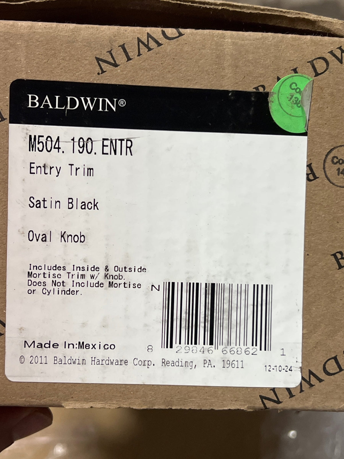 Baldwin M504190ENTR Satin Black Images, Cody Cody Single Cylinder Mortise Entrance Handleset Trim Set with 5432 Estate Collection Knob M504.ENTR