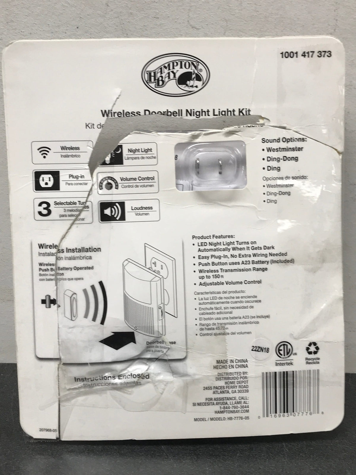 Hampton bay HB-7776-02 Wireless Plug-In Doorbell Kit with LED Night Light and Wireless Push Button, White