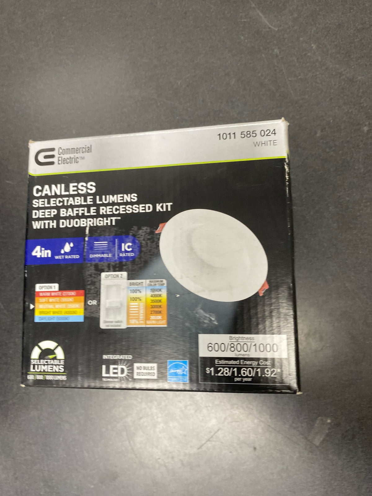 Commercial electric 92223 Elite Series 4 in. LED DuoBright, 3-Level Lumen Select, Deep Baffle Canless Recessed Light, Adjustable CCT