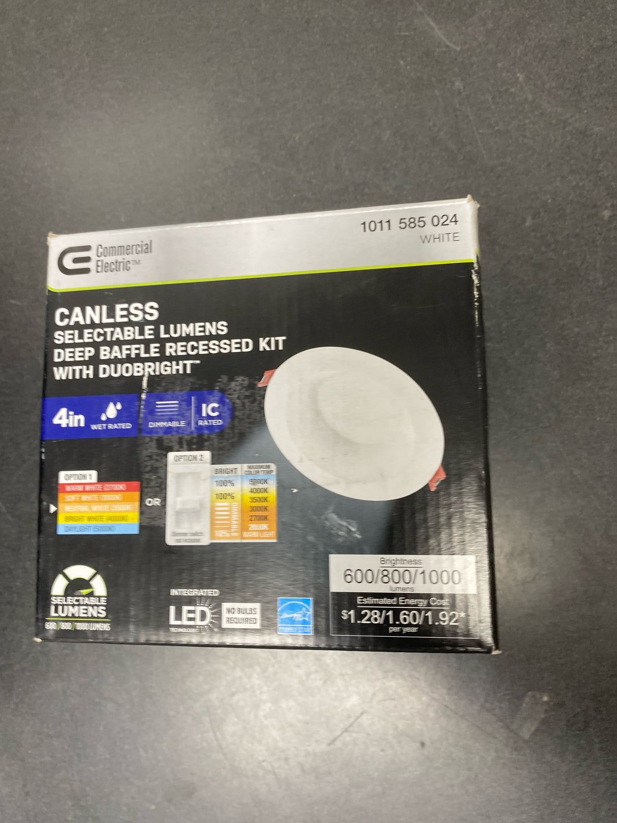 Commercial electric 92223 Elite Series 4 in. LED DuoBright, 3-Level Lumen Select, Deep Baffle Canless Recessed Light, Adjustable CCT
