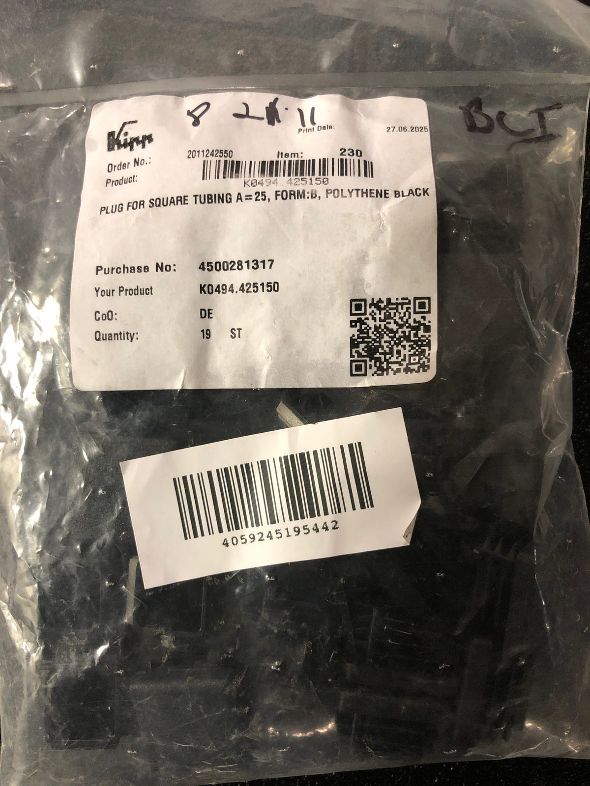 Kipp Tube End Plugs, Style B, Square, D=25 mm, (Qty:10), K0494.425150