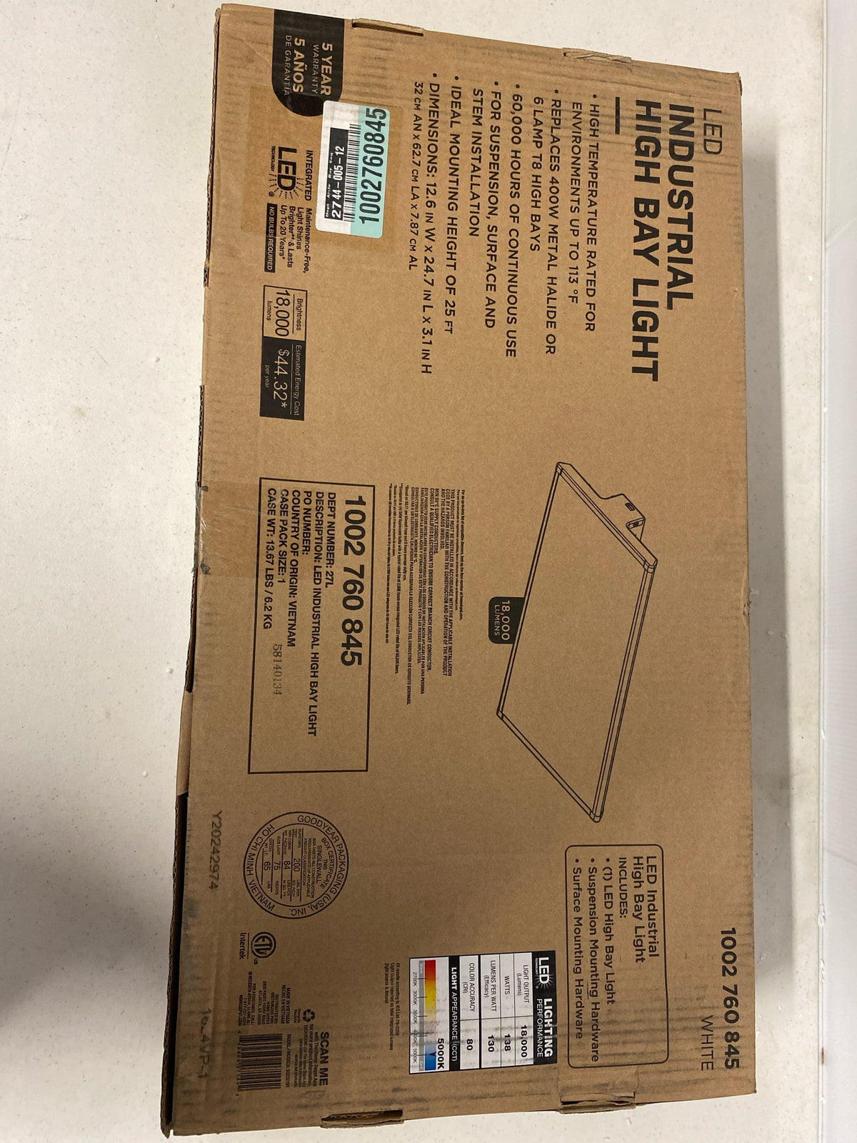 Commercial electric 50232191 1-Pack 2 ft. 18000 Lumens 171-Watts Integrated LED High Bay Light 120-277V 5000K Daylight Dimmable Garage Light
