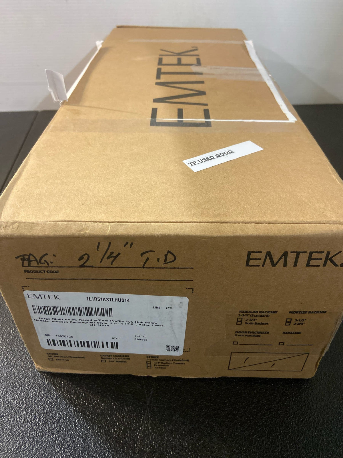 Emtek 1L1R51US14LH Brass Modern Door Configuration 5 Keyed Entry Multi Point Trim with European Cylinder Below Handle - Polished Nickel Aston Lever