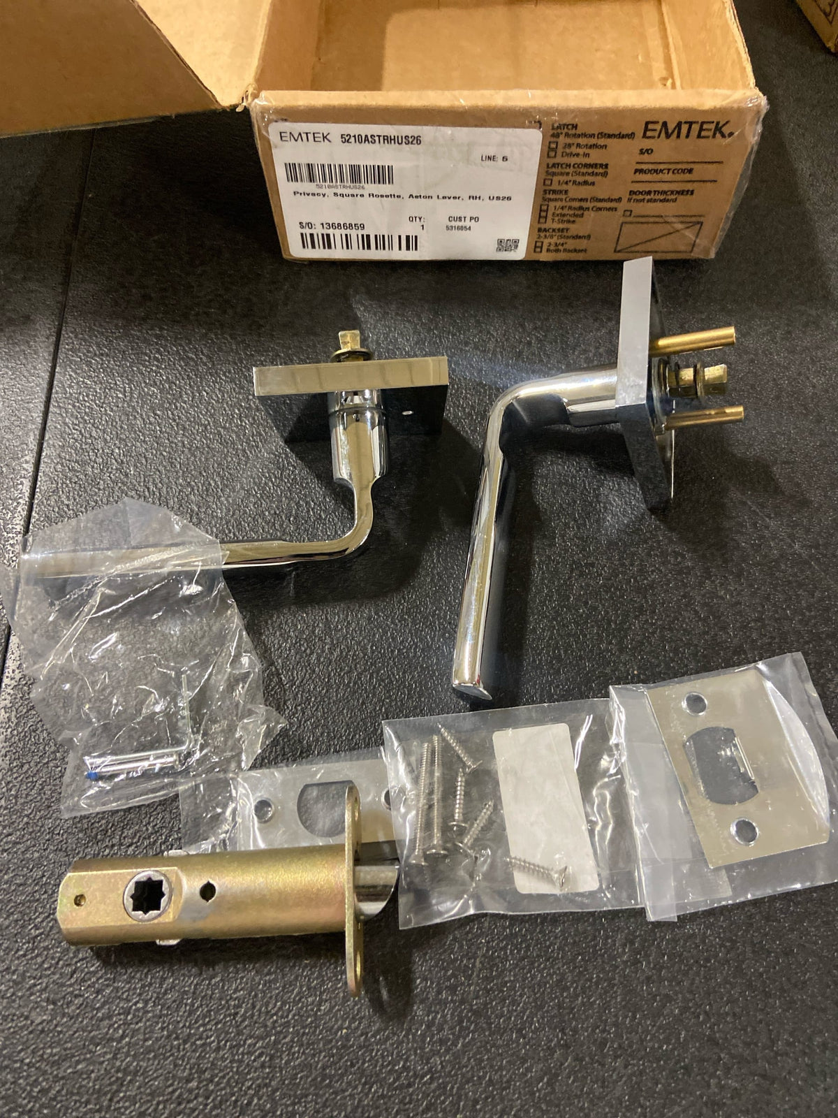 EMTEK Square Rosette Privacy Set with Matching Finish Aston Lever - Choice of Left/Right Handing and 7 Finishes - 5210ASTRHUS26 - Right Handed (RH) - Polished Chrome (US26)