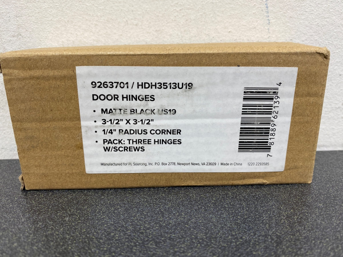 Miseno MDH3513BK 3-1/2 x 3-1/2 Plain Bearing 1/4" Radius Corner Door Hinge - Pack of 3 - Matte Black