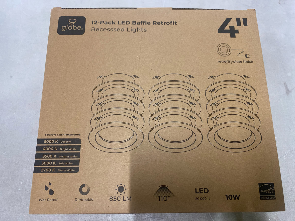 Globe electric 32000321 12-Pack 4 in. Builder Series Adjustable CCT Dimmable Integrated LED Retrofit Trim Recessed Light Kitchen Bath Livingroom