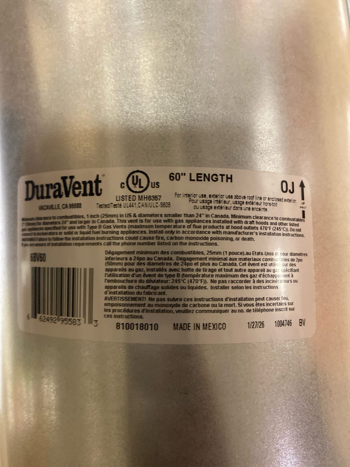 DuraVent Type B 60 Inch Length Round Rigid Pipe - 6BV60