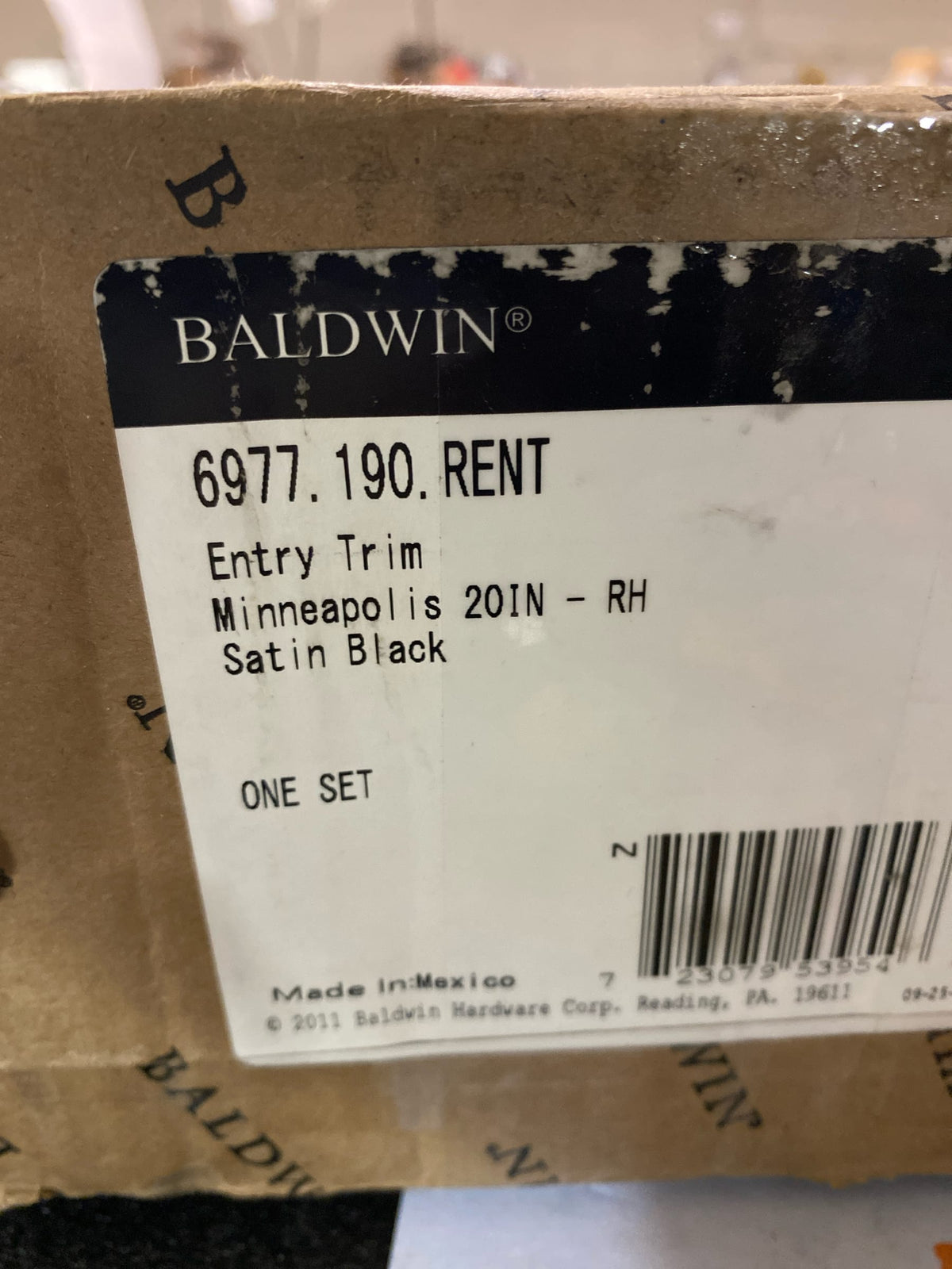 Baldwin 6977190RENT Minneapolis Right Handed Full Plate Single Cylinder Keyed Entry Mortise Handleset Trim from the Estate Collection - Satin Black