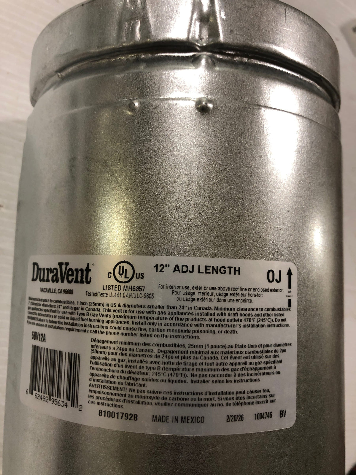 DuraVent Type B 12 Inch Length Round Adjustable Pipe - 5BV12A