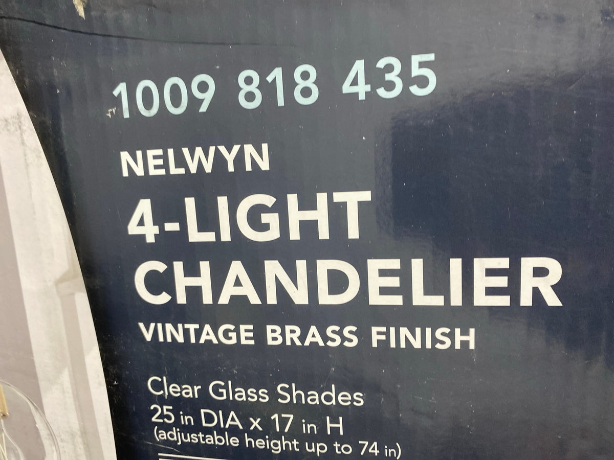 Hampton bay 1051HBVBDI Nelwyn 25 in. 4-Light Vintage Brass Chandelier with Clear Glass Globe Shades
