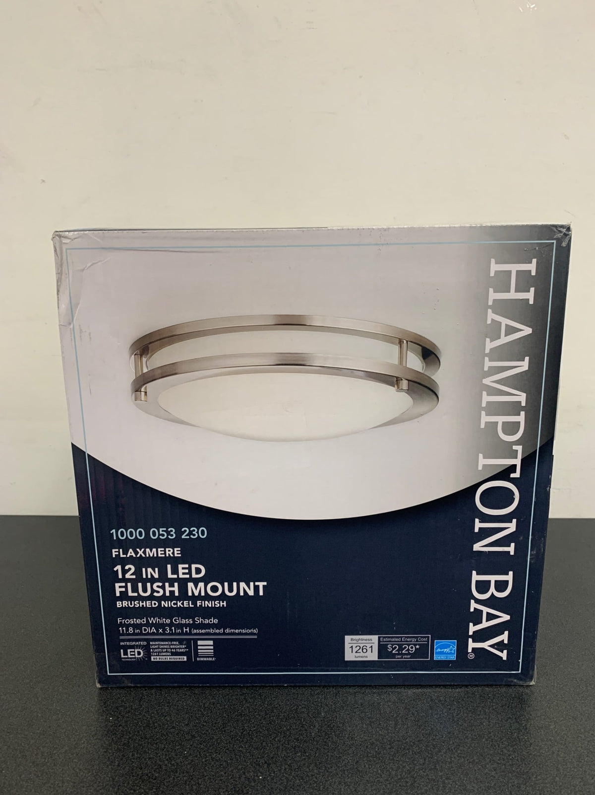 Hampton bay HB1023C-35 Flaxmere 11.8 in. Brushed Nickel LED Flush Mount Ceiling Light with Frosted White Glass Shade