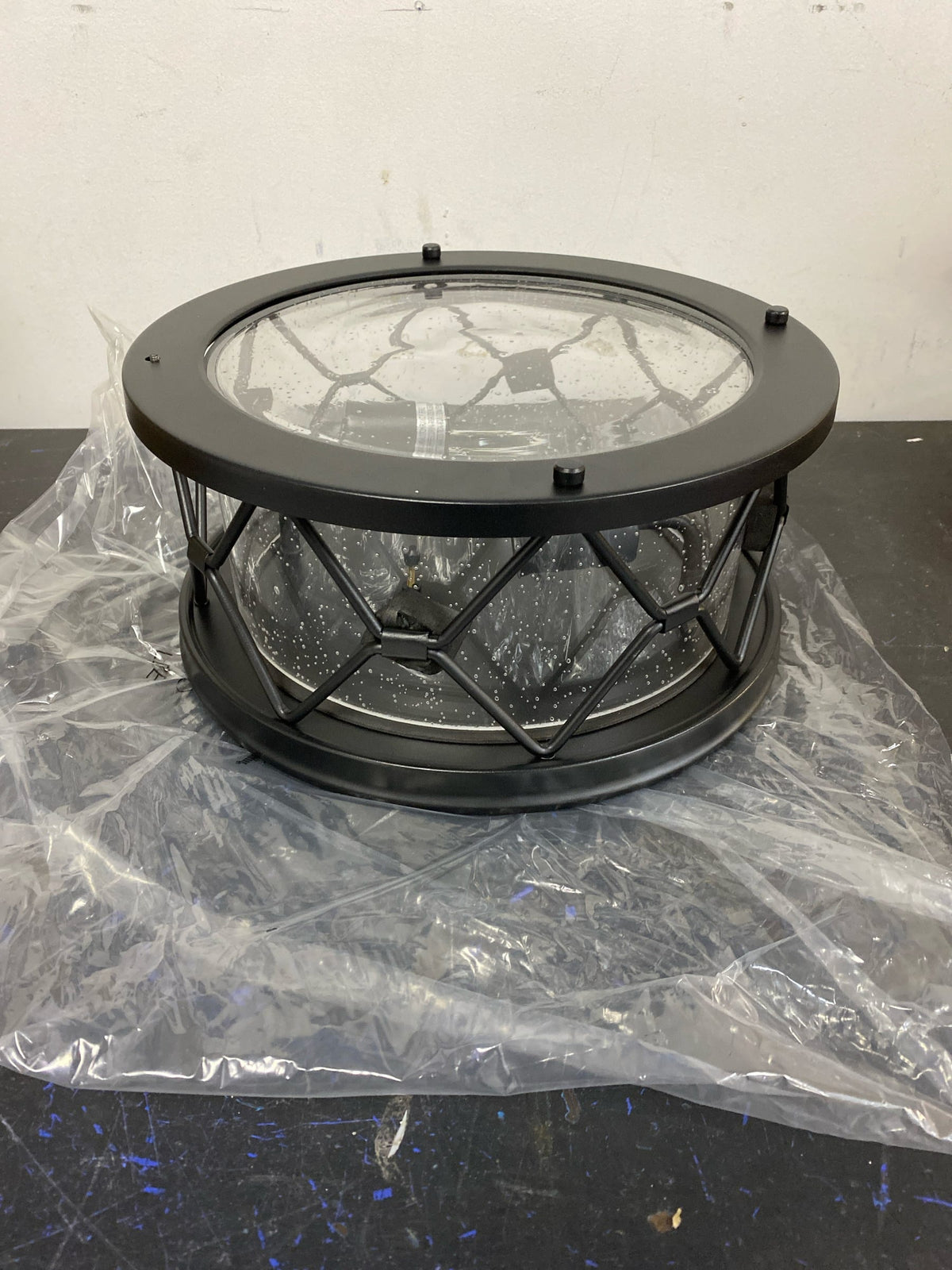 Jazava HDZW22-F BKDM 12 in. 2-Light Black Finish with Seeded Glass Shade Ceiling Flush Mount Light