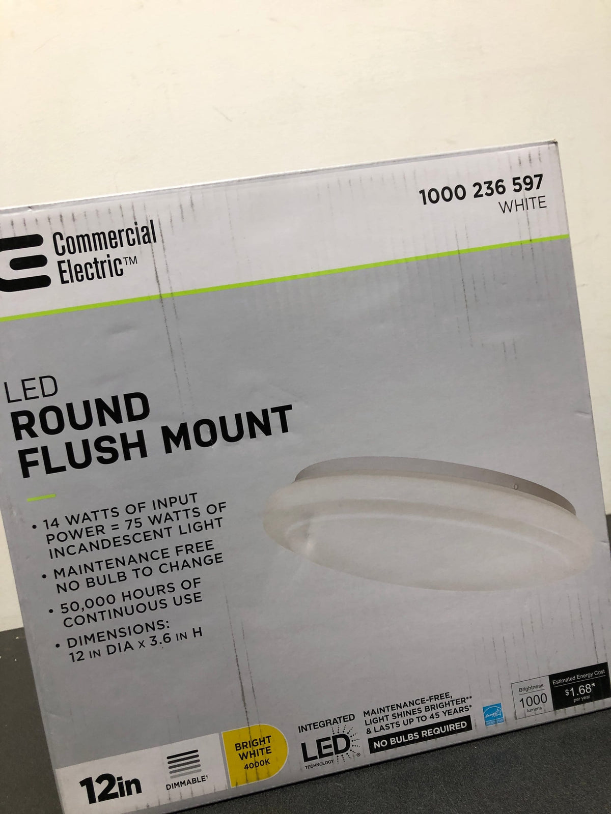 Commercial electric 54074391 12 in. White Round Closet Light LED Flush Mount Ceiling Light 1000 Lumens 4000K Bright White Dimmable Pantry Laundry