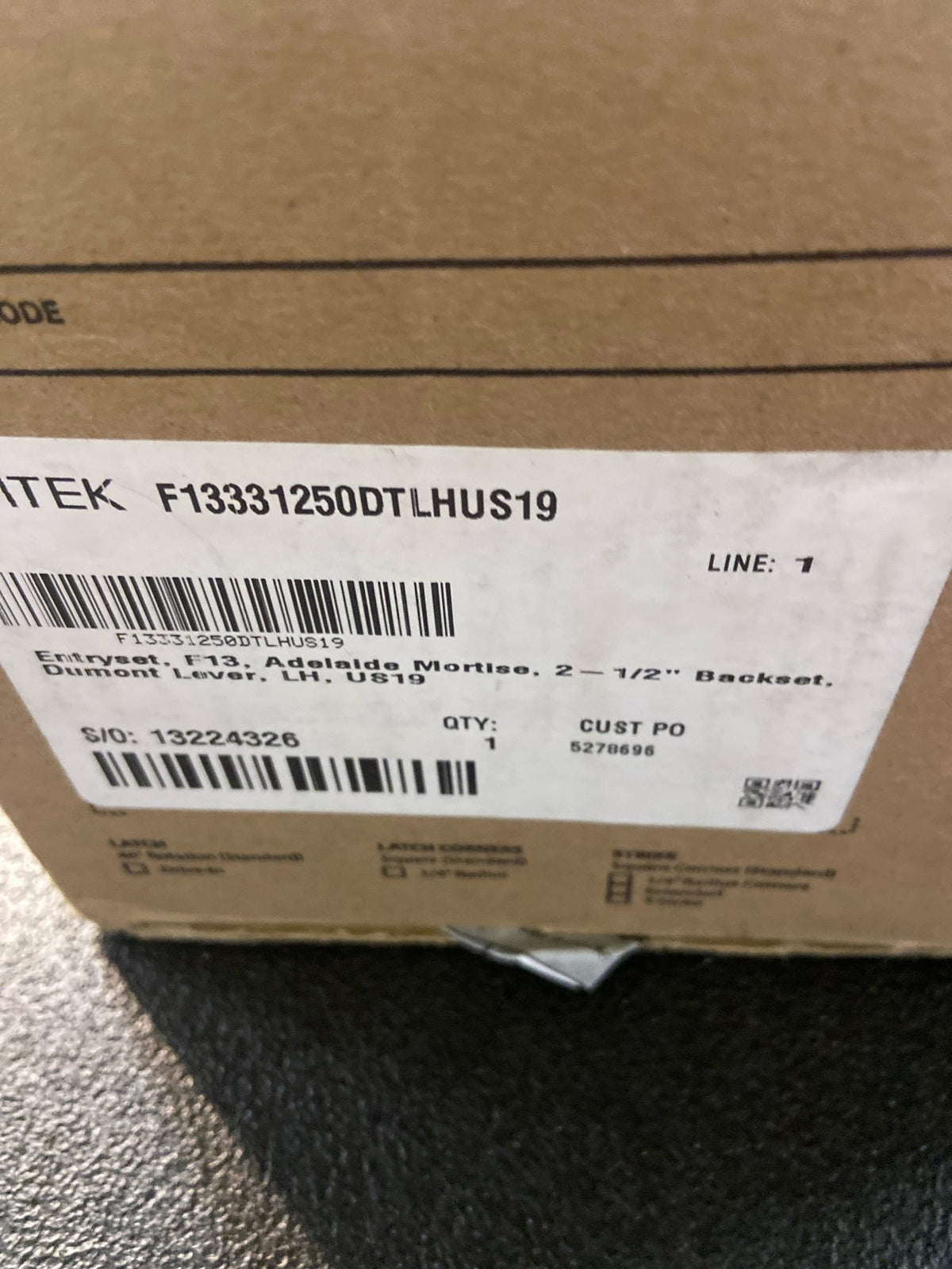 Emtek 3312US19LH Dumont Lever Adelaide Keyed Entry F13 Single Cylinder Mortise Full Plate Handleset - Flat Black