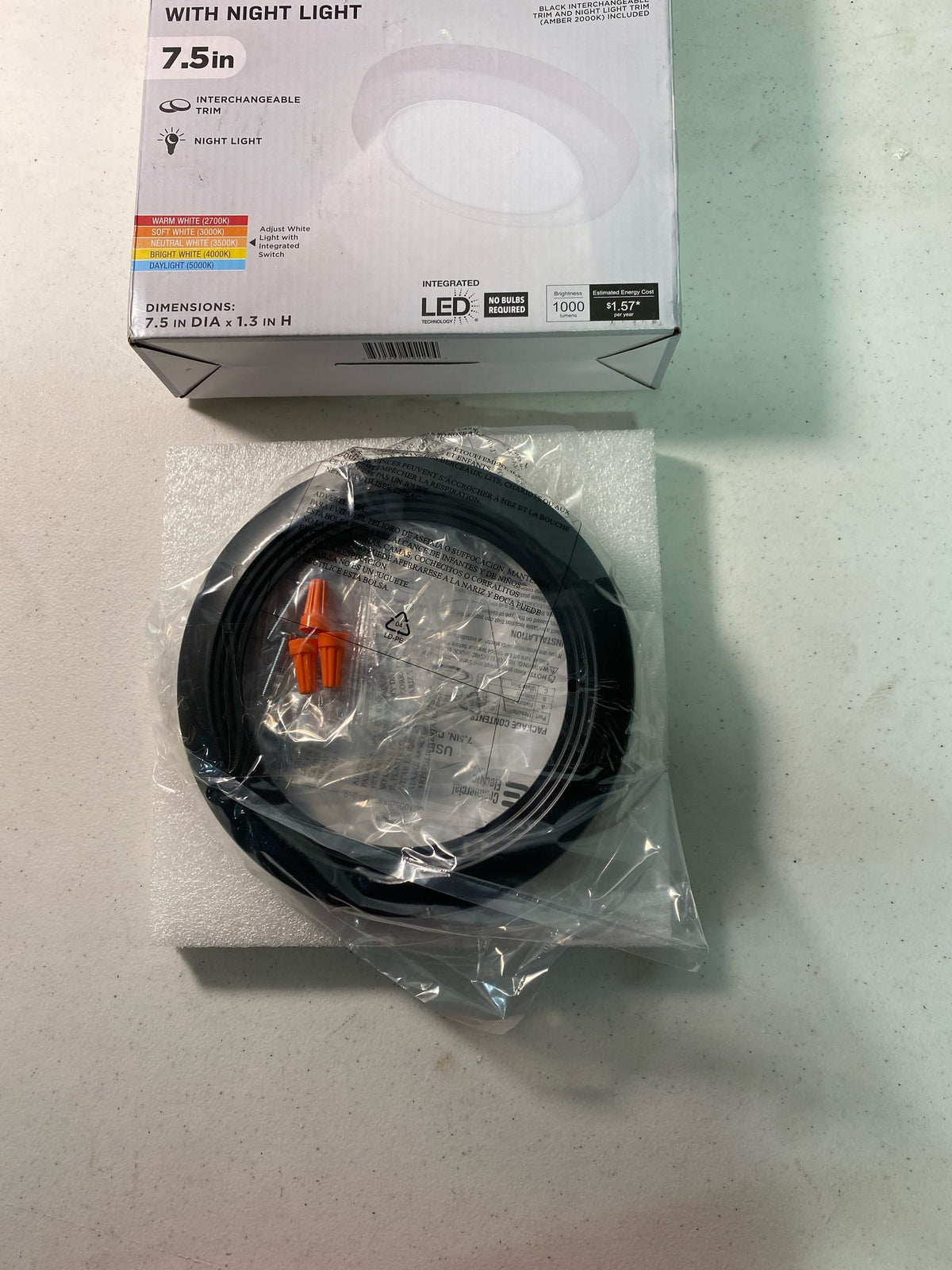 Commercial electric C01005301A 7.5 in. Disk Light LED Flush Mount with Night Light Feature and Extra Black Trim 1000 Lumens Adjustable CCT