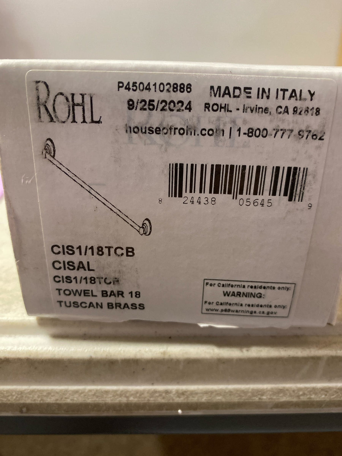 Rohl 18" Single Towel Bar In Tuscan Brass
