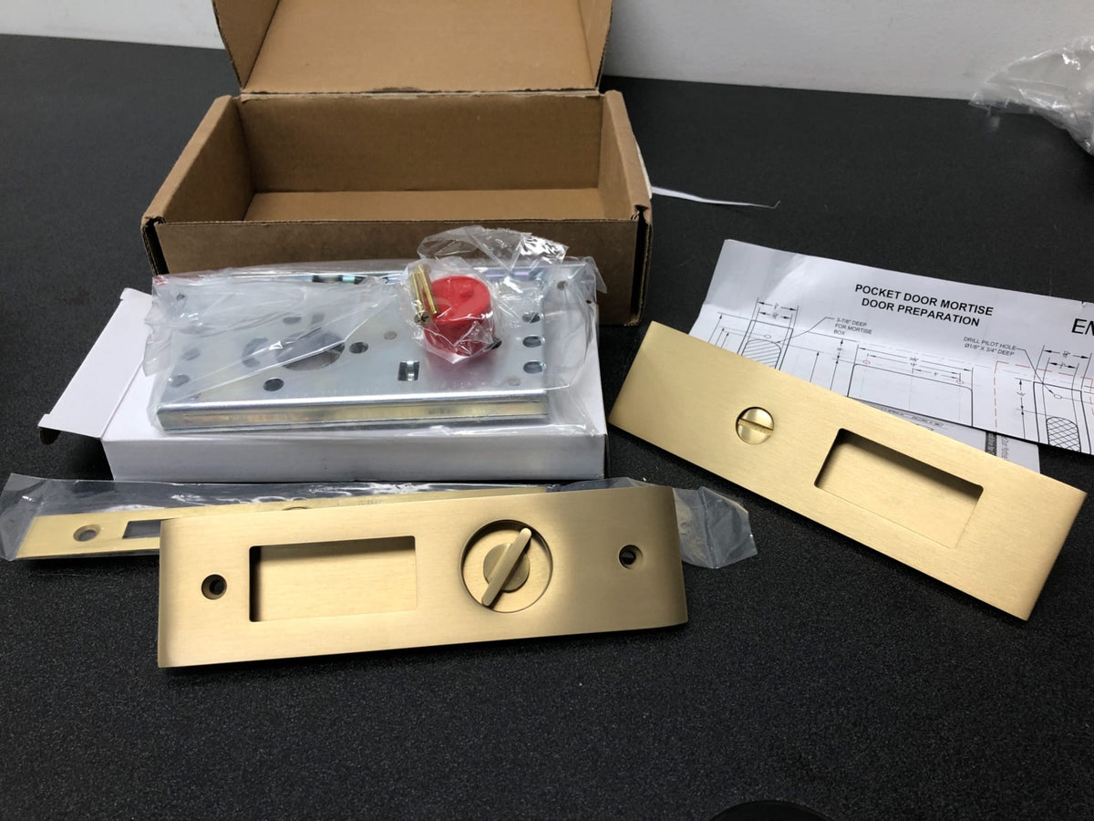 Emtek 2155US4 Narrow Modern Rectangular 7-1/4" Tall Privacy Pocket Door Lock - Satin Brass