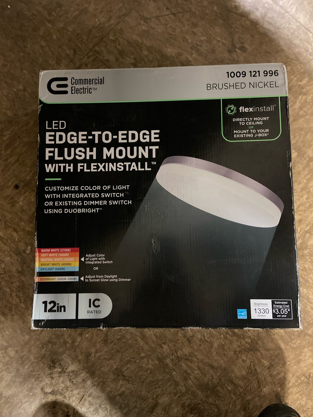Commercial electric 92057 Flexinstall LED 12 in. Brushed Nickel Edge to Edge Recessed Ceiling Light for Home with 5CCT + DuoBright Dimming