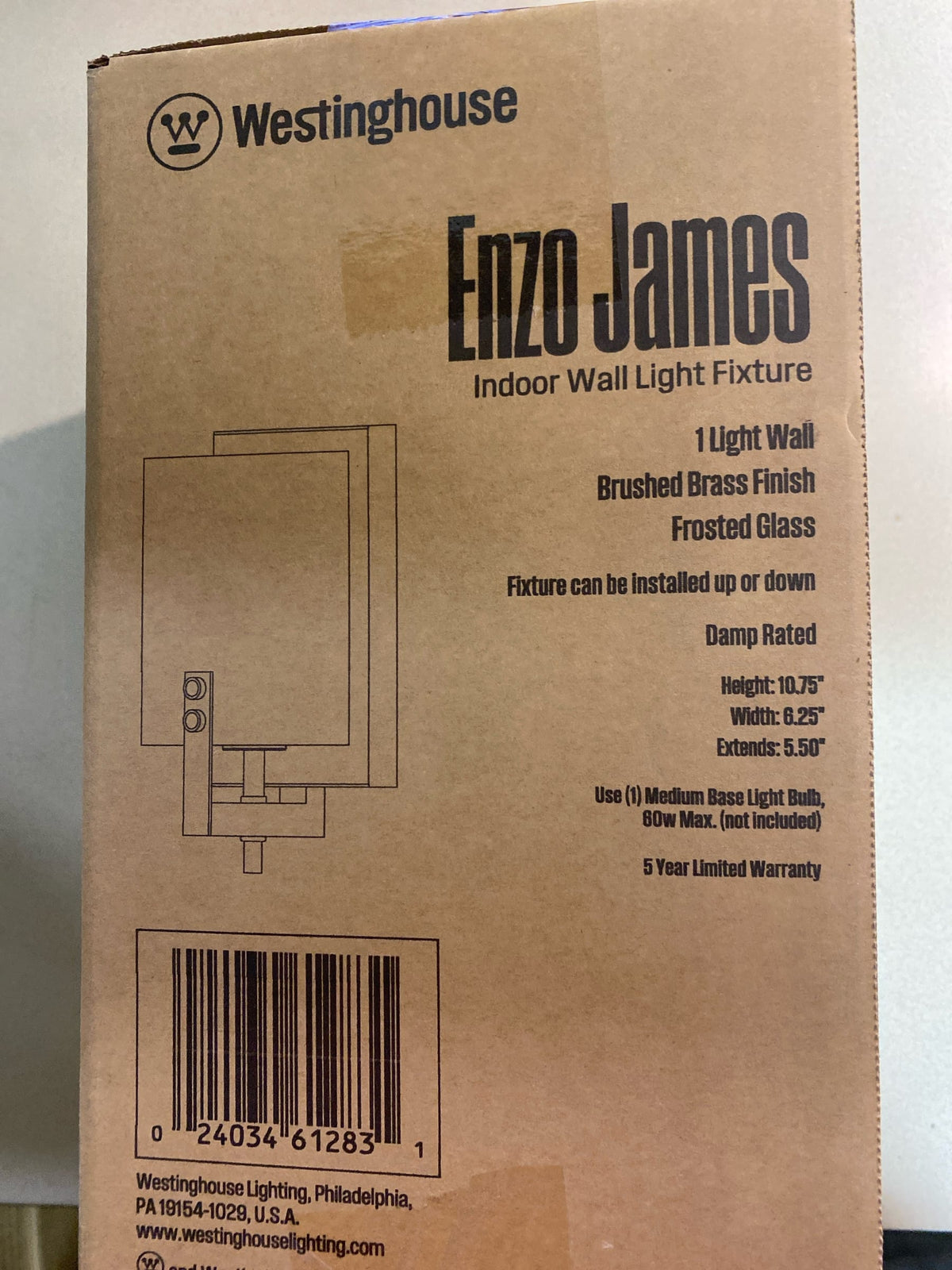 Westinghouse 6128300 Enzo James Contemporary One Light Wall Fixture, Brushed Brass Finish, Frosted Glass