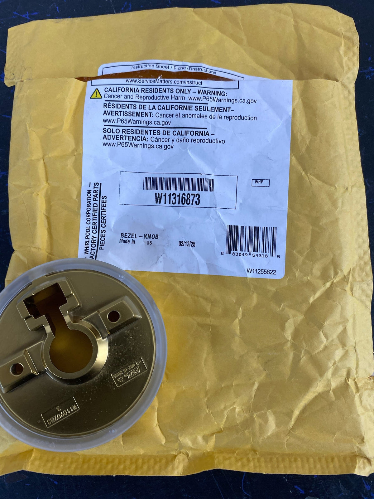 Whirlpool W11316873 Brass Knob Bezel for Range Surface/Grill - N/A