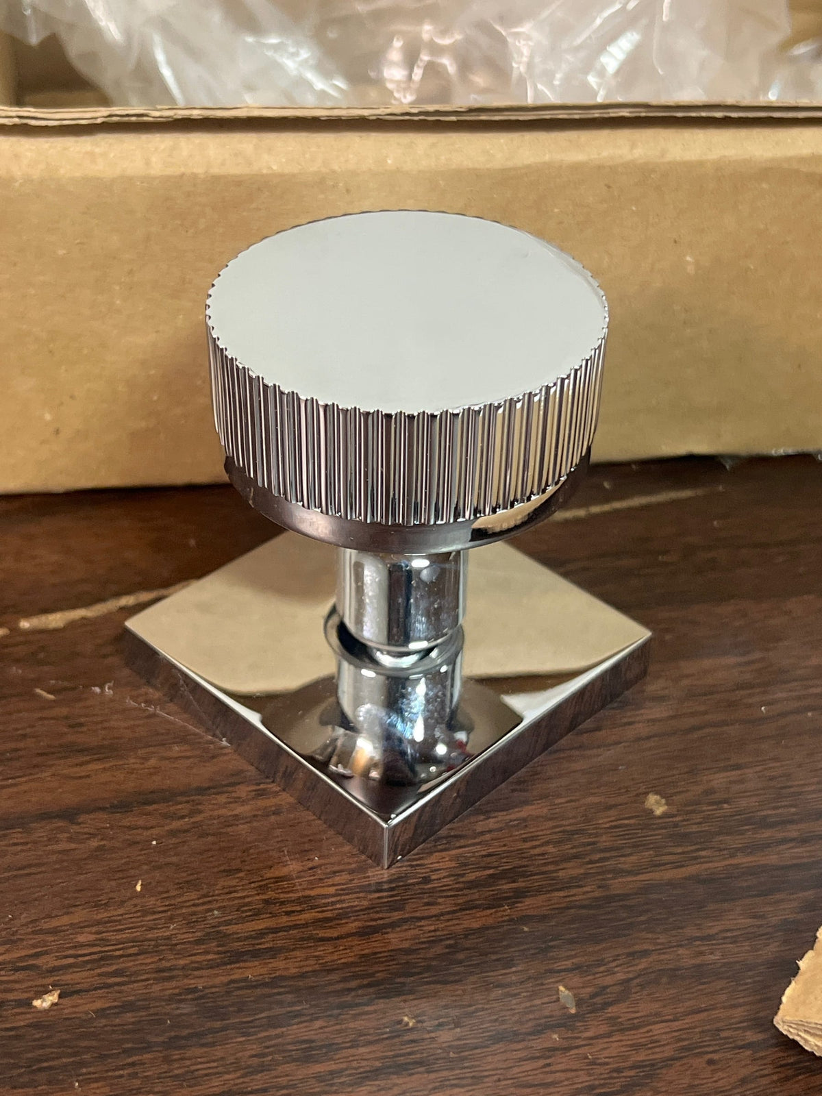 Emtek Door Knob - Conical Straight Knurled - Square Rosette (Polished chrome, dummy interior)