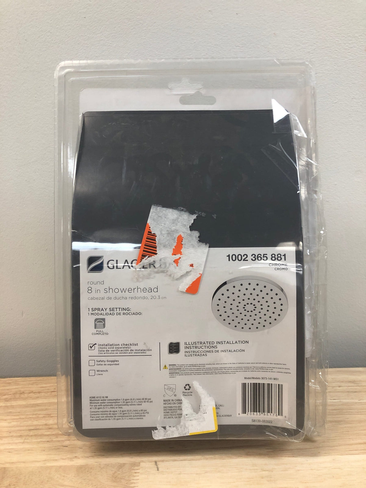 Glacier bay 3073-141-WS1 1-Spray Pattern 8 in. Single Wall Mount Fixed Rain Shower Head in Chrome