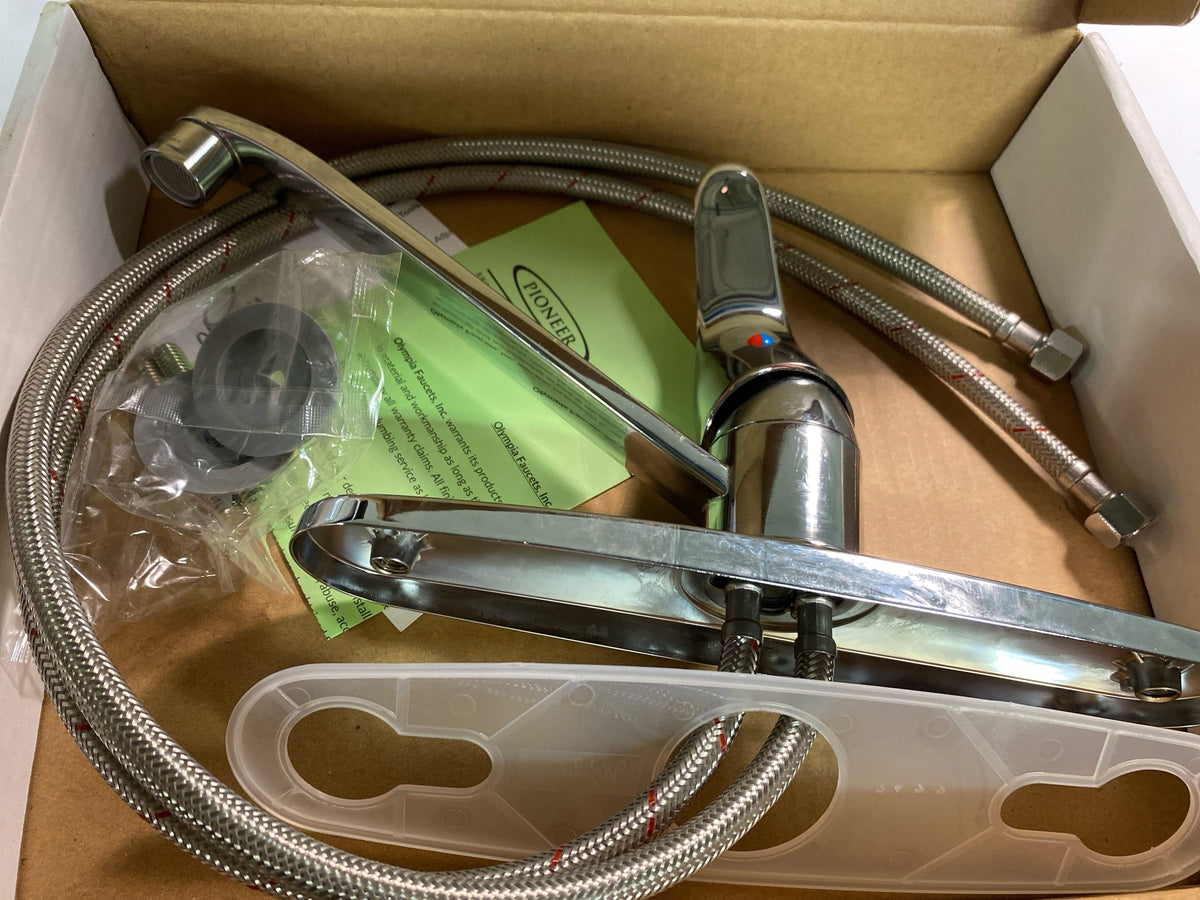 Olympia Faucets Single Handle Kitchen Faucet, Compression Hose, Standard, Chrome, Number of Holes: 3 Hole