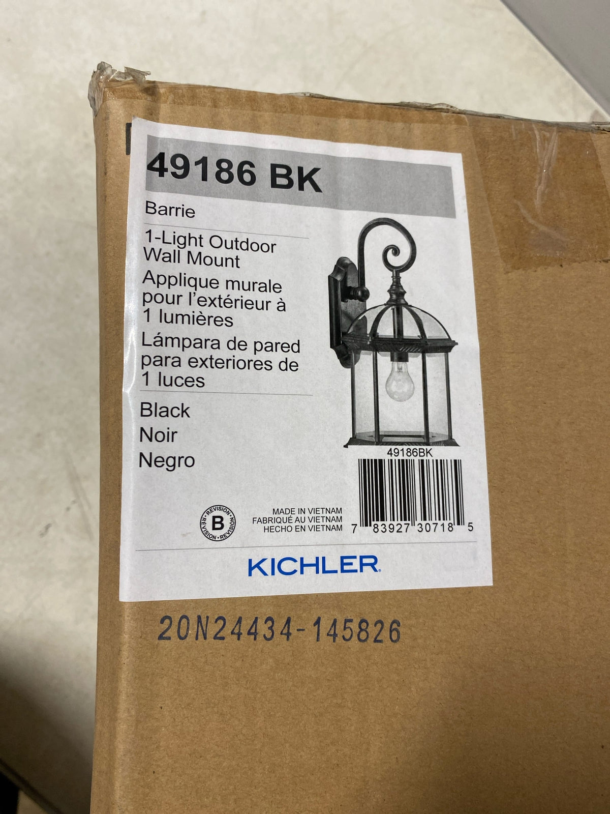 Kichler 49186BK Barrie 18.75 in. 1-Light Black Outdoor Hardwired Wall Lantern Sconce with No Bulbs Included (1-Pack)