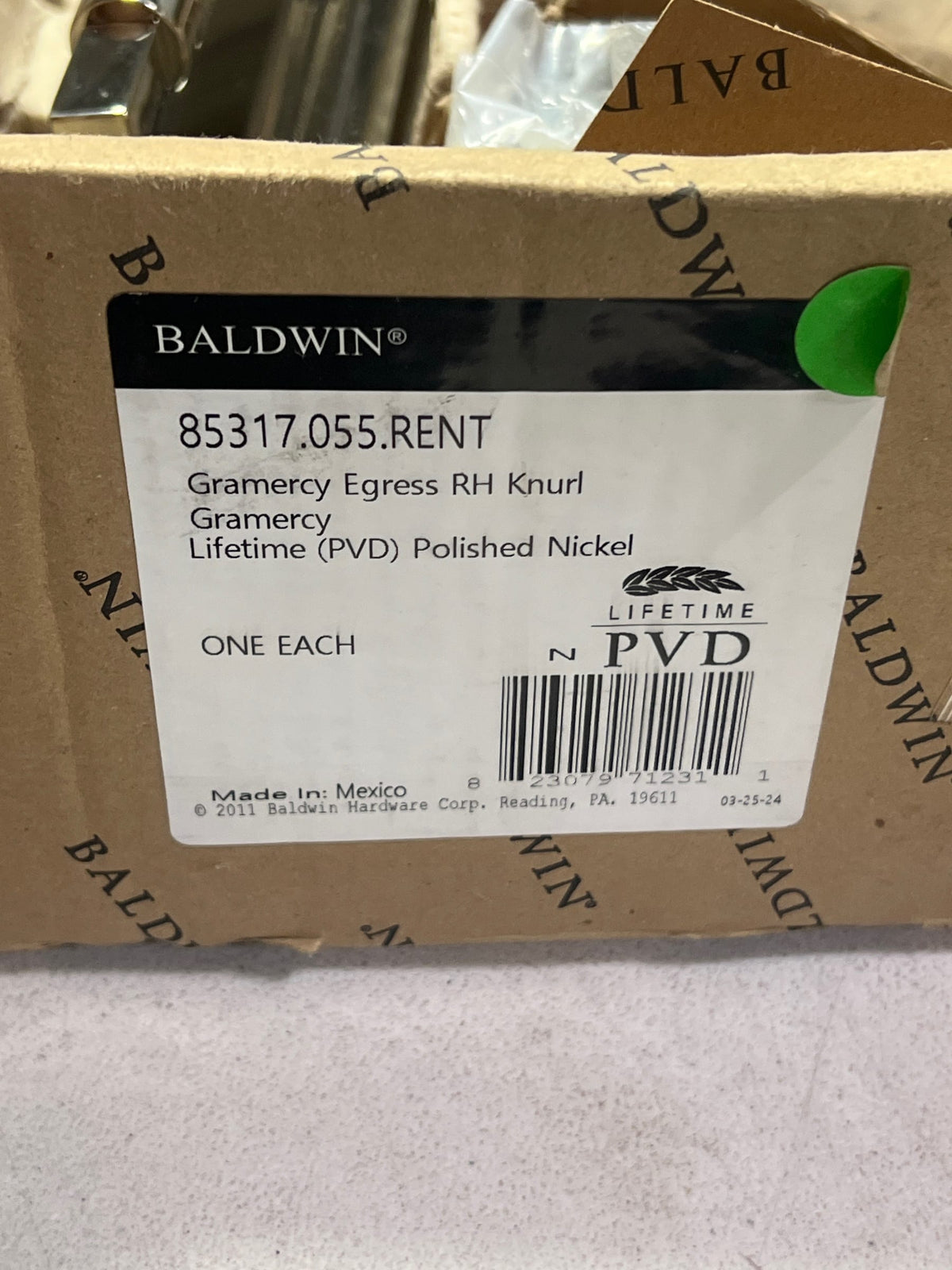 Baldwin 85317055RENT Gramercy Knurled Right Handed One Piece Single Cylinder Keyed Entry Handleset with L030 Interior Lever from the Estate Collection - Polished Nickel