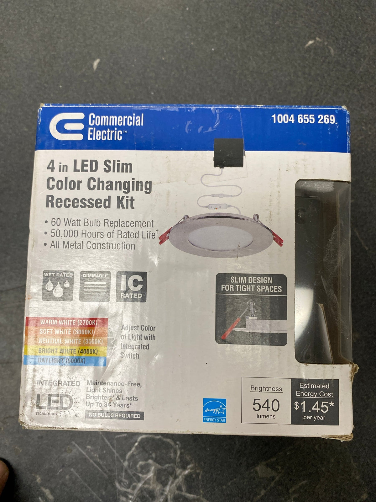 Commercial electric 91471 Ultra Slim Integrated LED 4 in Round Adj Color Temp Canless Recessed Light for Kitchen Bath Living rooms, White