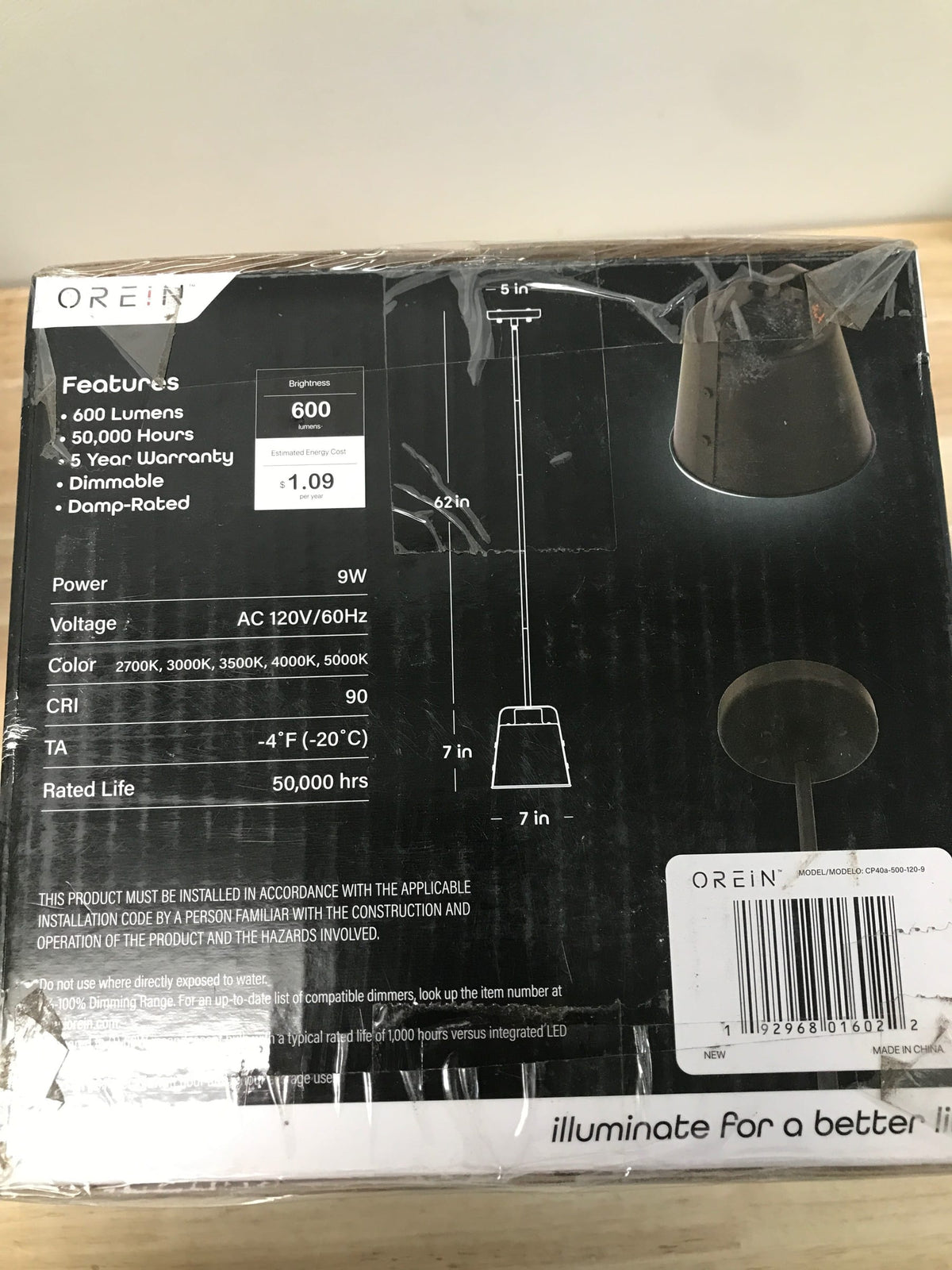 Orein CP40a-500-120-9 Integrated LED Matte Black Mini Pendant with White Plastic Shade