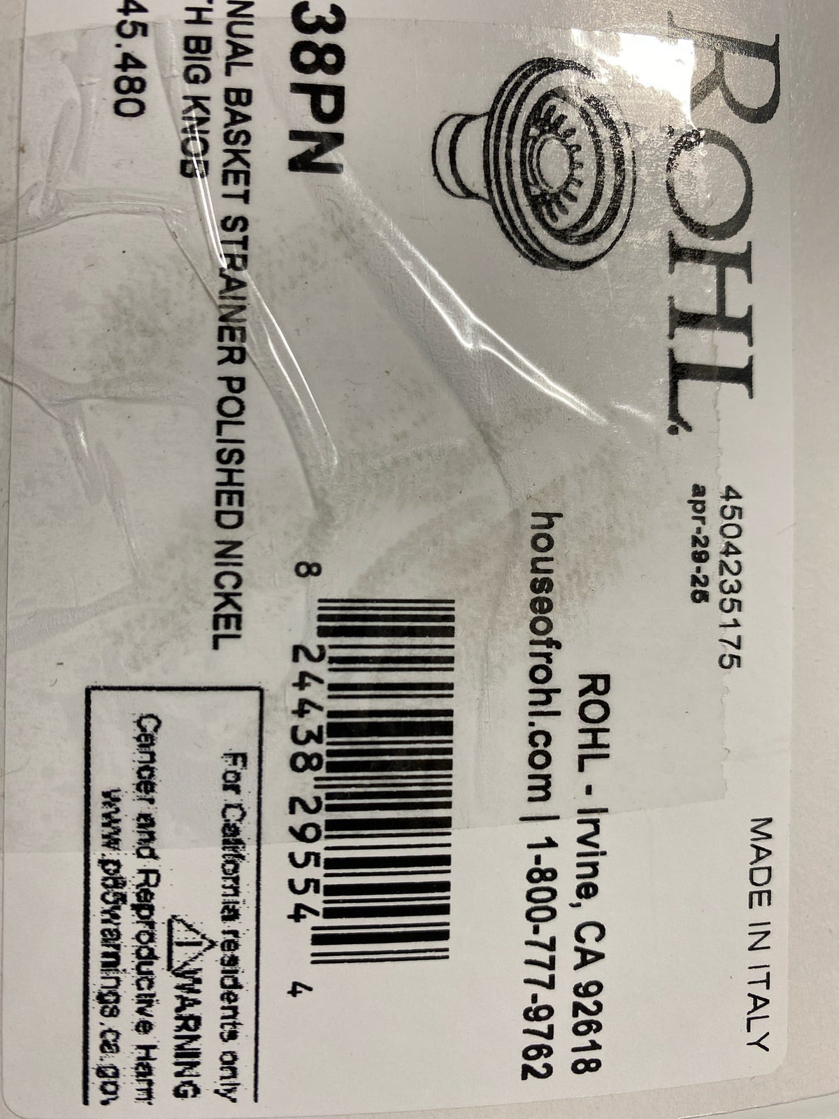 Rohl 738PN 3 1/2" Basket Strainer without remote pop-up - Polished Nickel