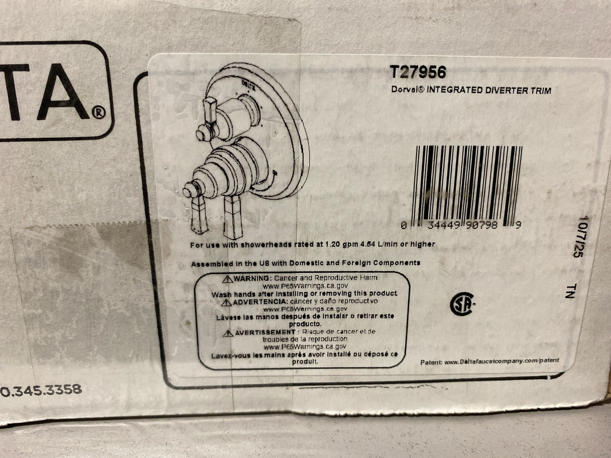 Delta T27956 Dorval 17 Series Pressure Balanced Valve Trim with Integrated Volume Control and 6 Function Diverter for Three Shower Applications - Less Rough-In - Chrome