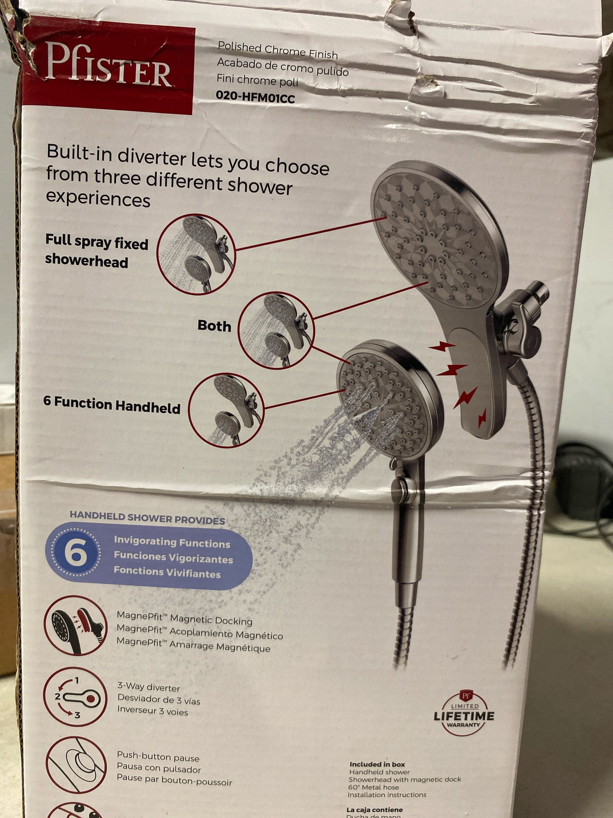 Pfister 020-HFM01CC HydroFuse 2.5 GPM Single Function Shower Head and Multi Function Hand Shower with MagnePfit Technology - Includes Hose - Polished Chrome