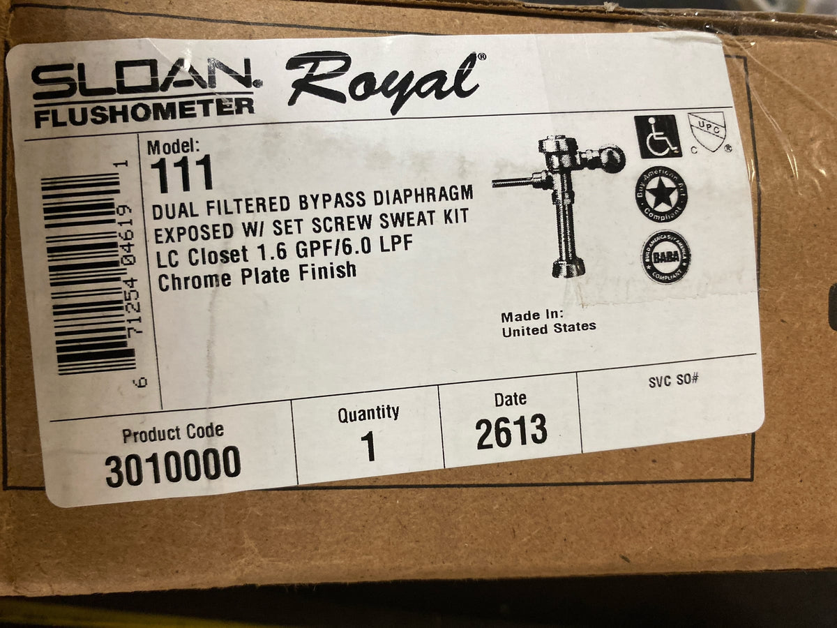 Sloan Royal 111 Exposed Manual Water Closet Flushometer, 1.6 GPF Manual Flush Valve - Single Flush Non-Hold-Open Handle, Fixture Connection Top Spud, Polished Chrome Finish, 3010000