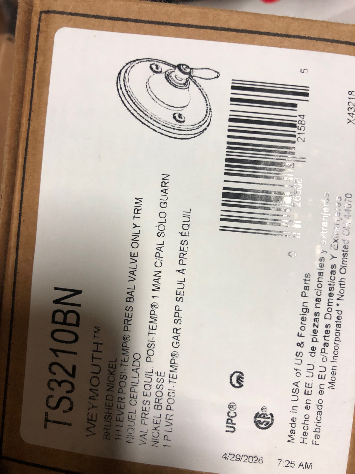 Moen TS3210BN Weymouth Single Handle Posi-Temp Pressure Balanced Valve Trim Only (Less Valve) - Brushed Nickel