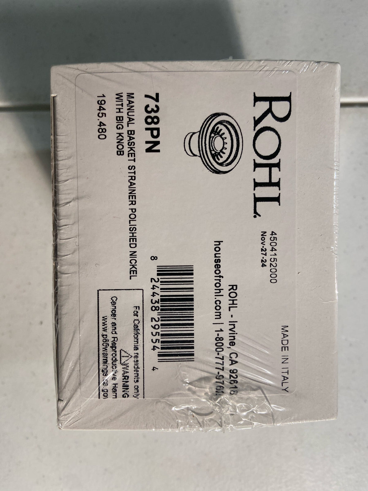 Rohl 738PN 3 1/2" Basket Strainer without remote pop-up - Polished Nickel