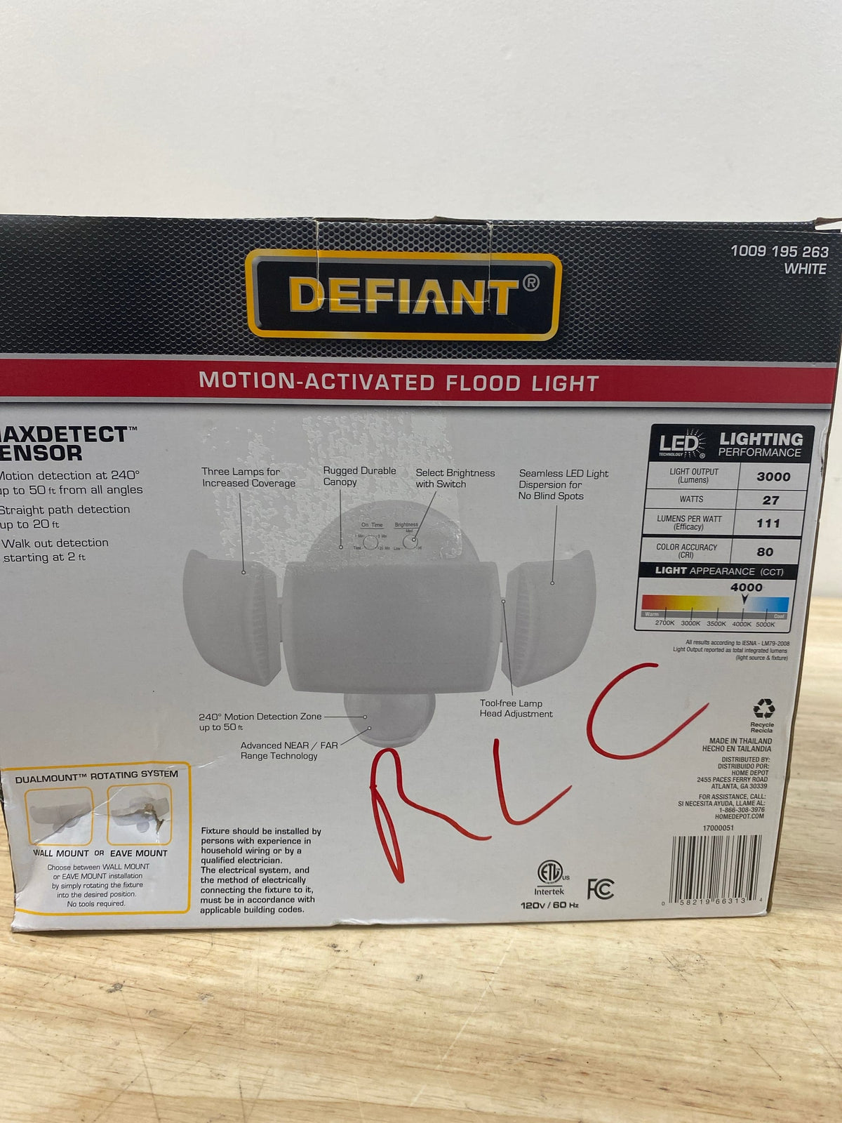 Defiant 17000051 MaxDetect 240° White Motion Sensor Wired Outdoor Exterior 3-Head Motion Activated LED Security Flood Light 3000 Lumens