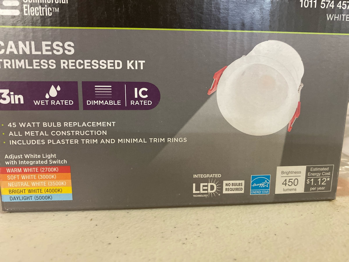 Commercial electric 92346 Specialty Elite 3 in. LED Trimless Canless Recessed Light, Adjustable CCT