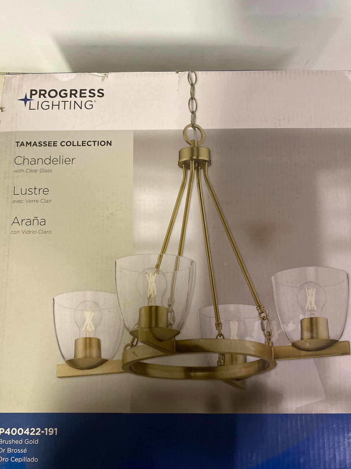 Progress Lighting Tamassee Collection 4-Light Brushed Gold Updated Traditional Chandelier with Clear Glass Shades for Dining Room P400422-191