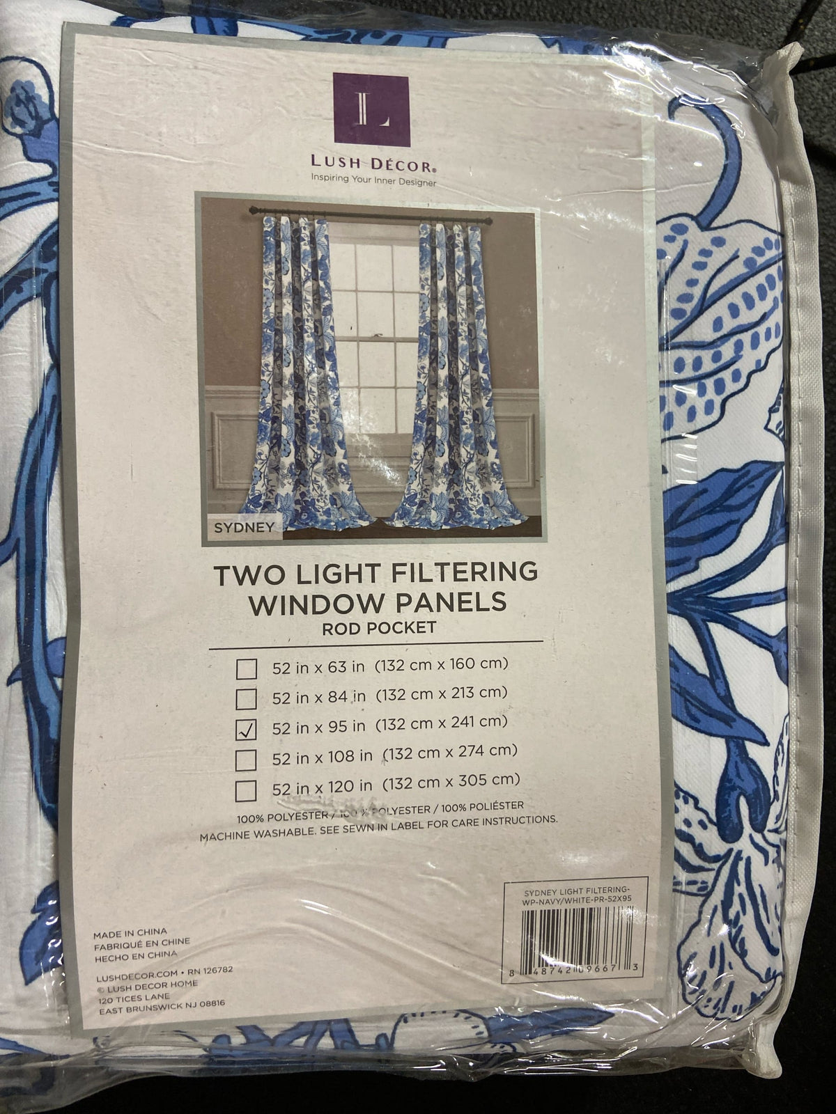 Lush decor 16T005377 Navy/White Floral Rod Pocket Room Darkening Curtain - 52 in. W x 95 in. L (Set of 2)