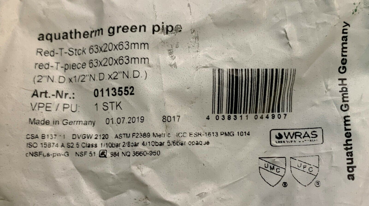 AQUATHERM 0113552 GREEN PIPE FITTING 2" x 2" x 1/2" REDUCING TEE SOCKET MOLDED
