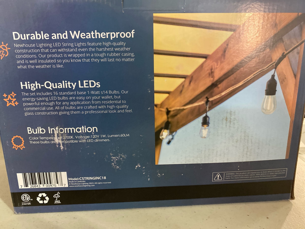 Newhouse lighting CSTRINGINC18 15 Light 48 ft. Outdoor Plug-in Edison Bulb Weatherproof String Light, 18 Bulbs Included