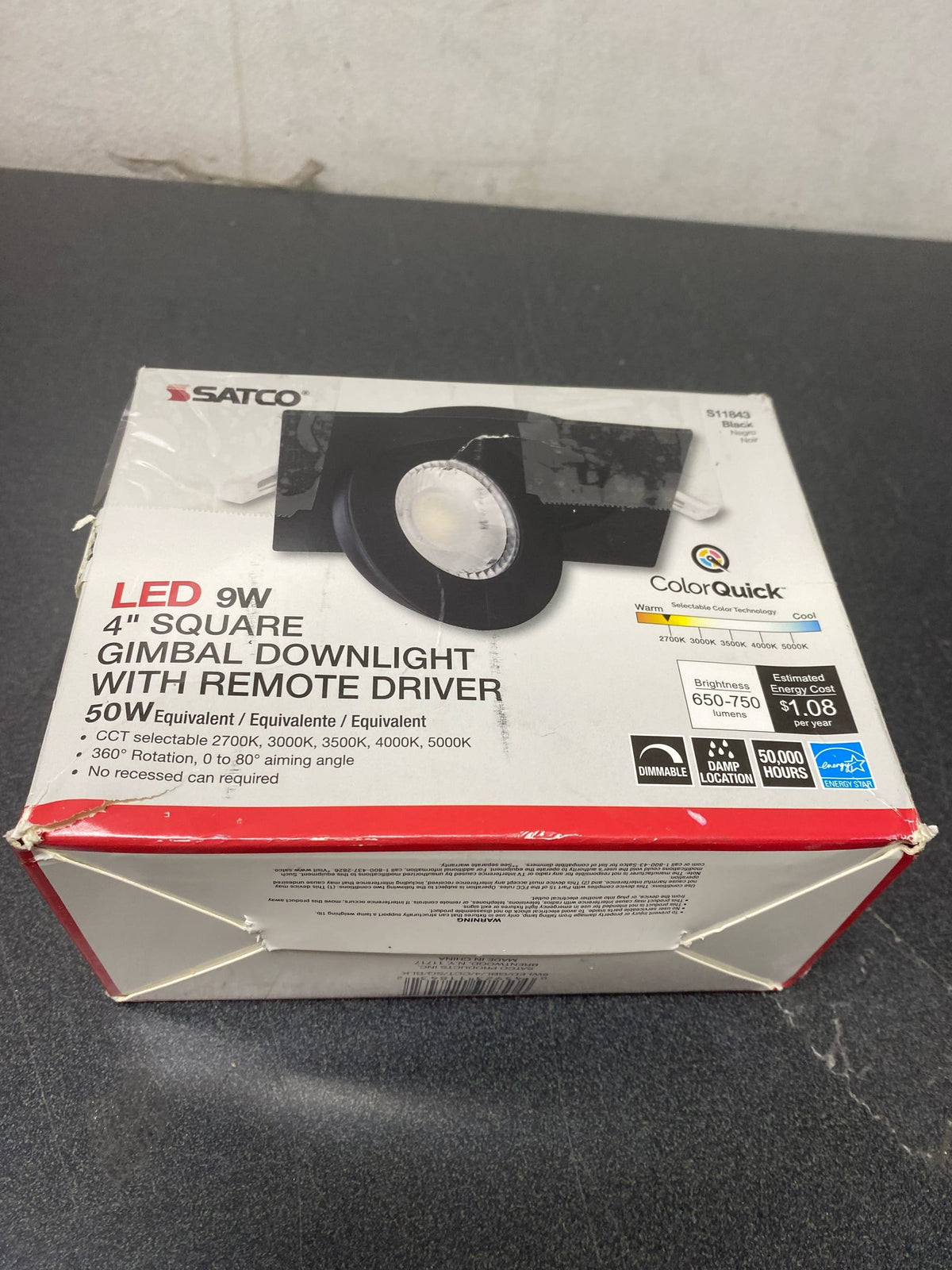Satco S11843 LED Low-Profile Gimbal Downlight, CCT Selectable 2700K/3000K/ 3500K/4000K/5000K, 4 Inches, Black