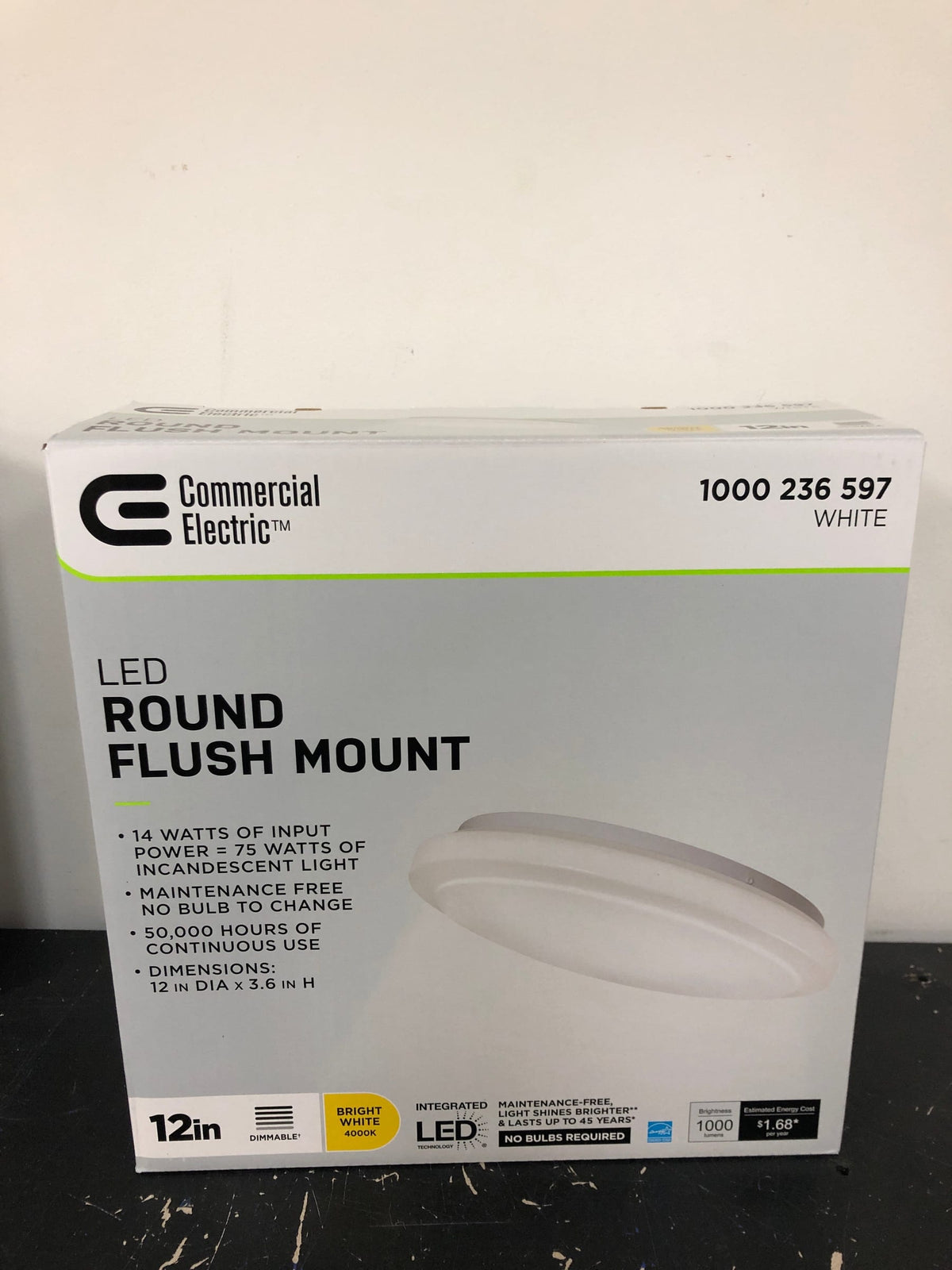Commercial electric 54074391 12 in. White Round Closet Light LED Flush Mount Ceiling Light 1000 Lumens 4000K Bright White Dimmable Pantry Laundry