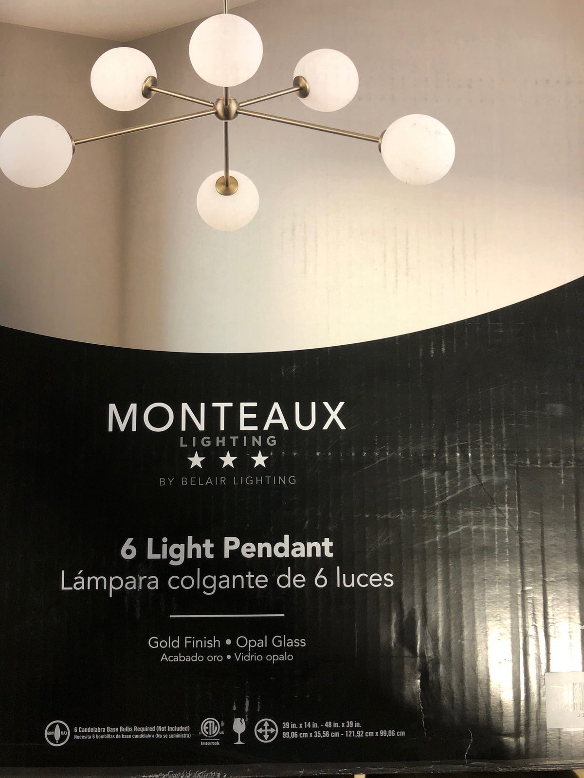 Monteaux lighting B11616 AG 39 in. 6-Light Gold Sputnik Pendant Light Fixture with Frosted Glass Globe Shades