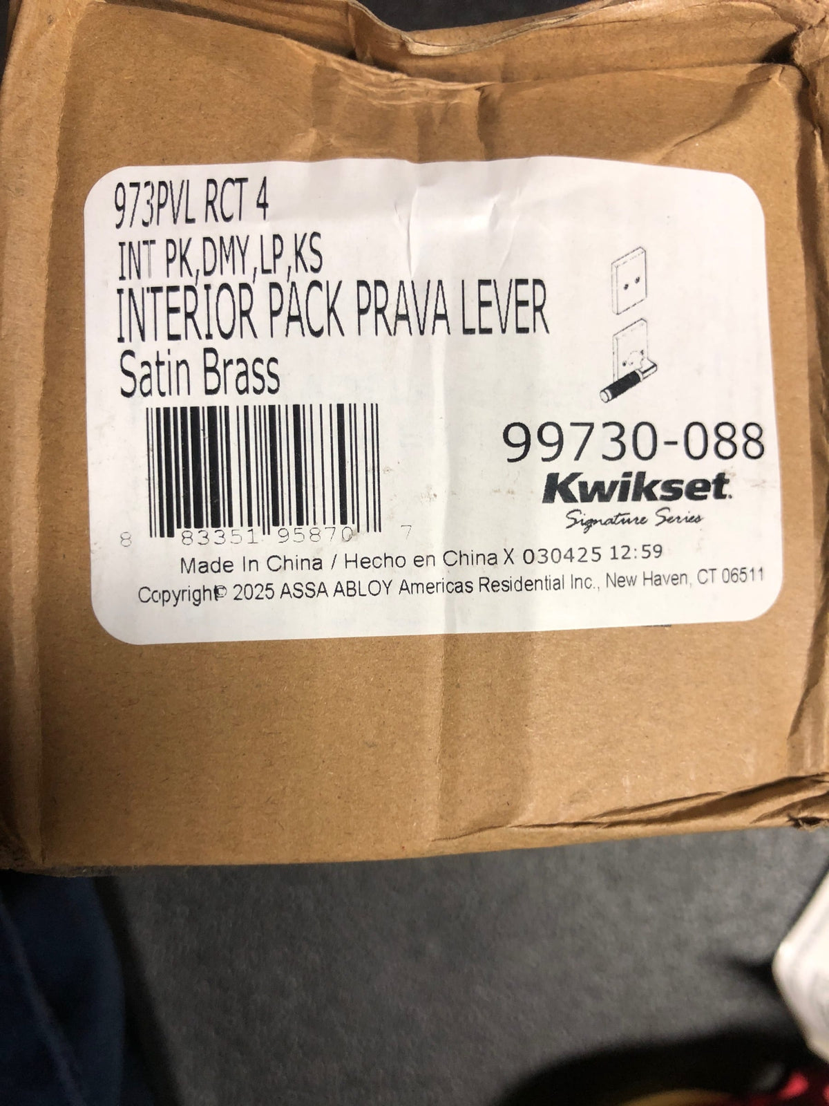 Kwikset 973PVLRCT-4 Prava Lever Dummy Interior Pack with Knurled Handle and Rectangle Rose for Handlesets - Satin Brass