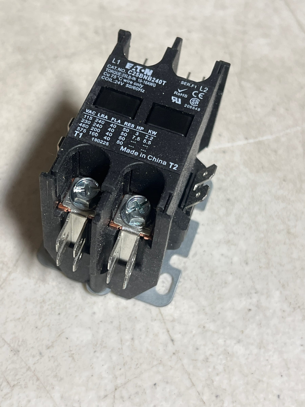 Eaton C25BNB240T Compact Definite Purpose Contactor, 40A Inductive Current Rating, 3 Max HP Rating at 115V, 7.5 Max HP Rating at 230V, 24VAC Coil Voltage
